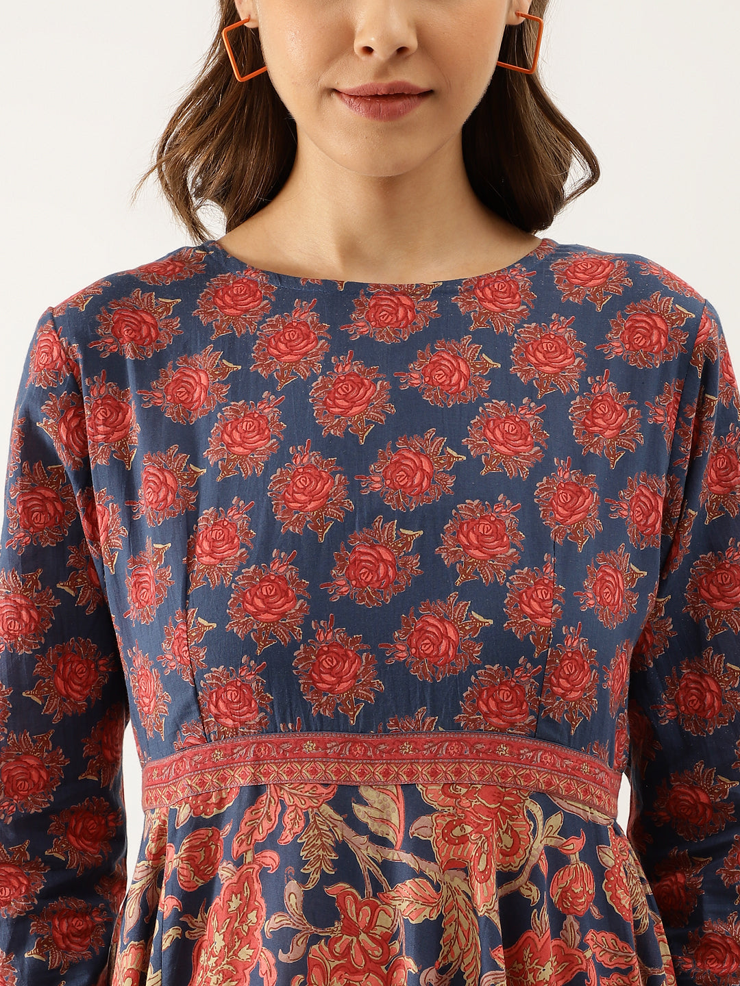 Women Blue Maroon Floral Printed Cotton Ethnic Long Kurta | LASVINI - Redefining Indian Fashion with Elegance