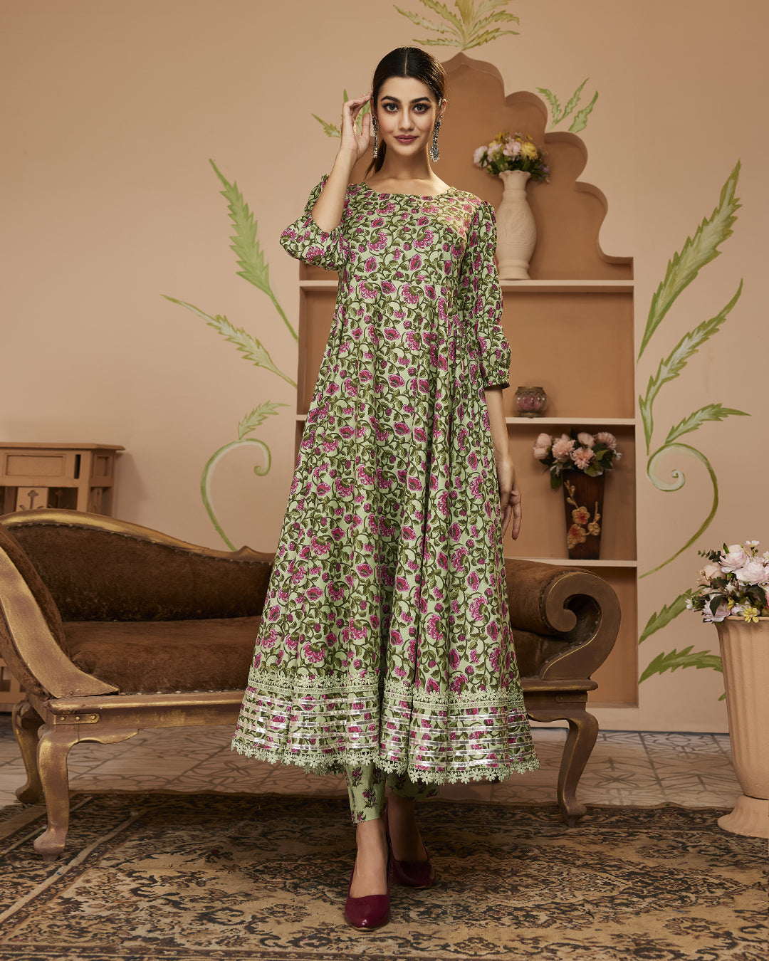 Hand Block Floral Printed Green Anarkali Cotton Kurta With Trousers | LASVINI - Redefining Indian Fashion with Elegance