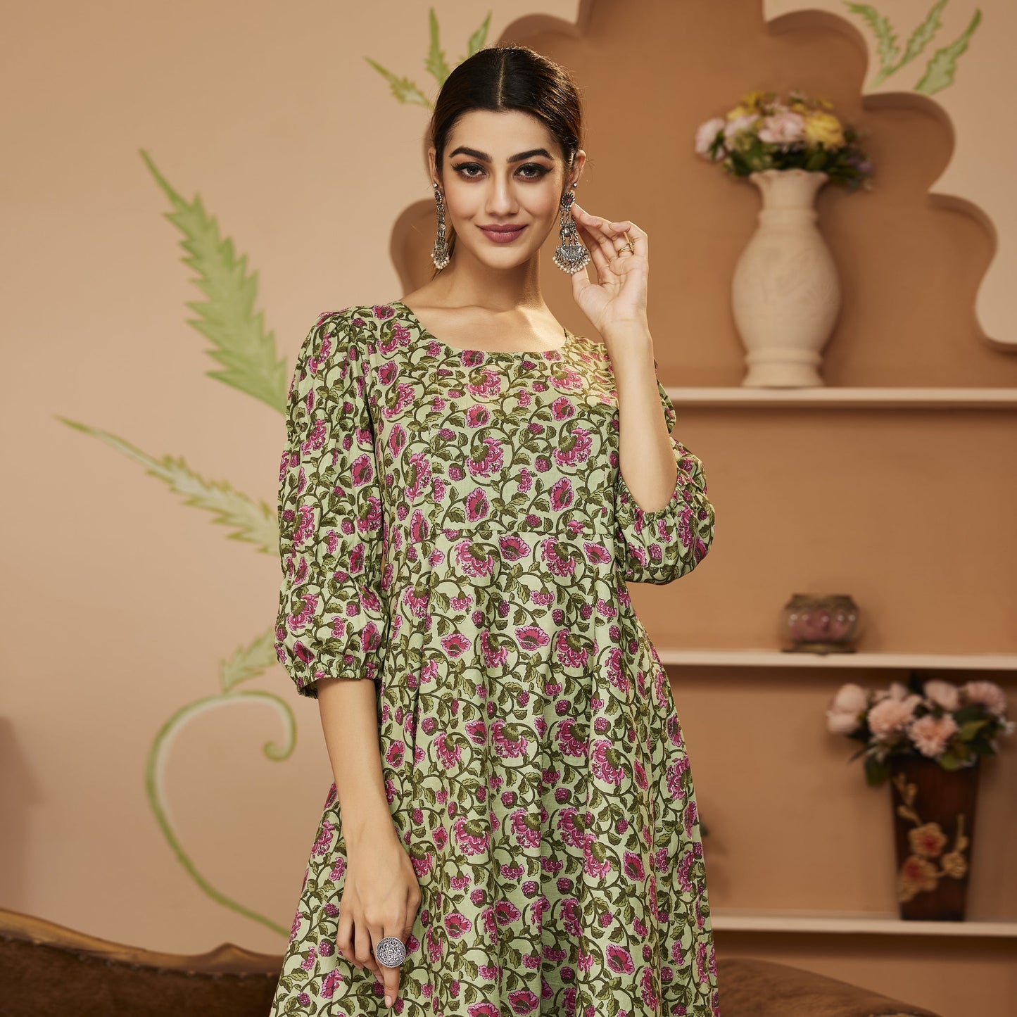 Hand Block Floral Printed Green Anarkali Cotton Kurta With Trousers | LASVINI - Redefining Indian Fashion with Elegance