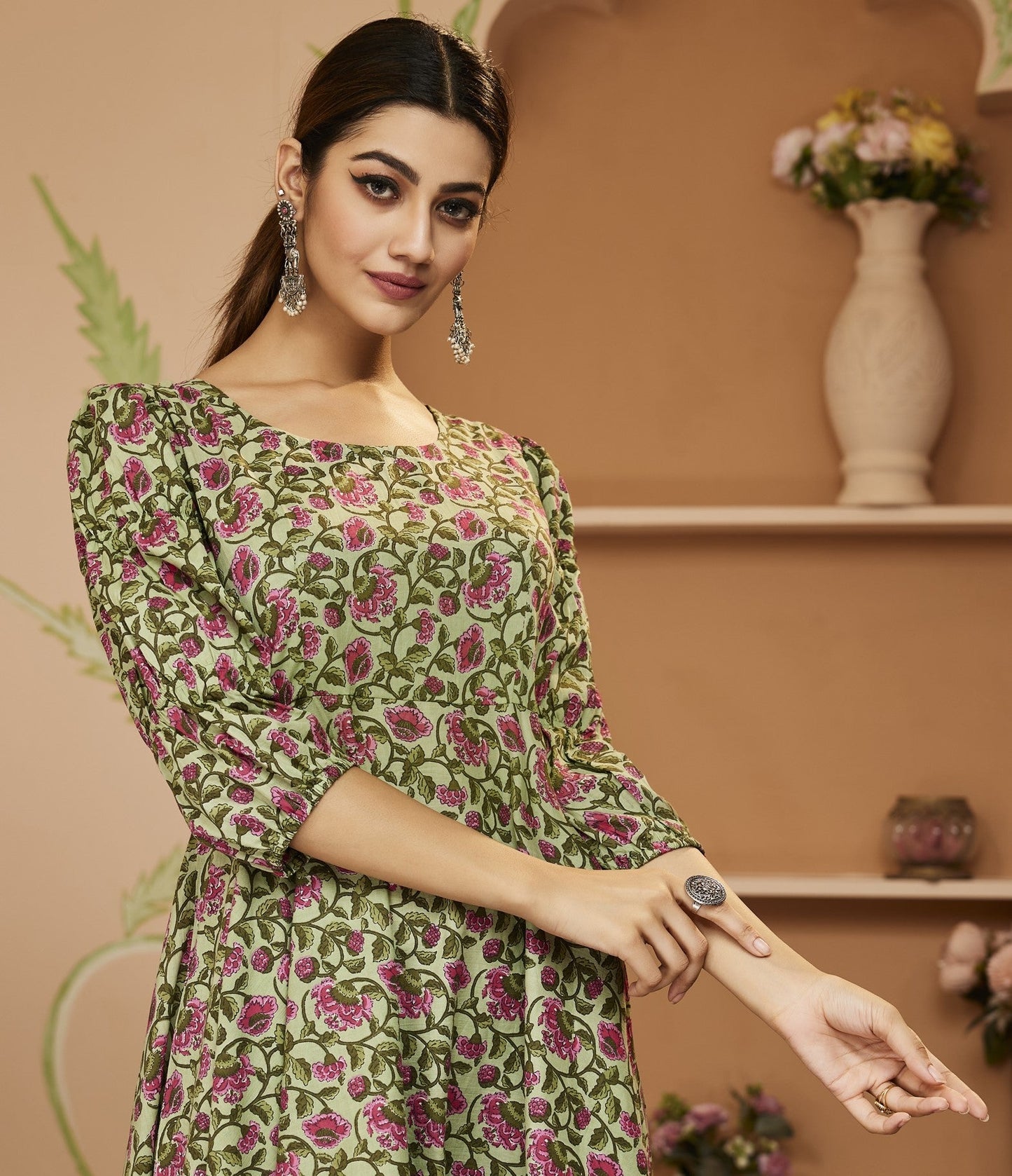 Hand Block Floral Printed Green Anarkali Cotton Kurta With Trousers | LASVINI - Redefining Indian Fashion with Elegance