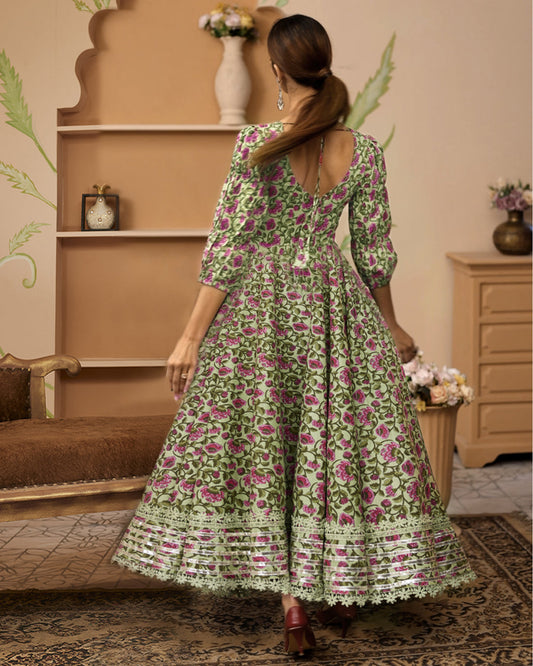Hand Block Floral Printed Green Anarkali Cotton Kurta With Trousers | LASVINI - Redefining Indian Fashion with Elegance