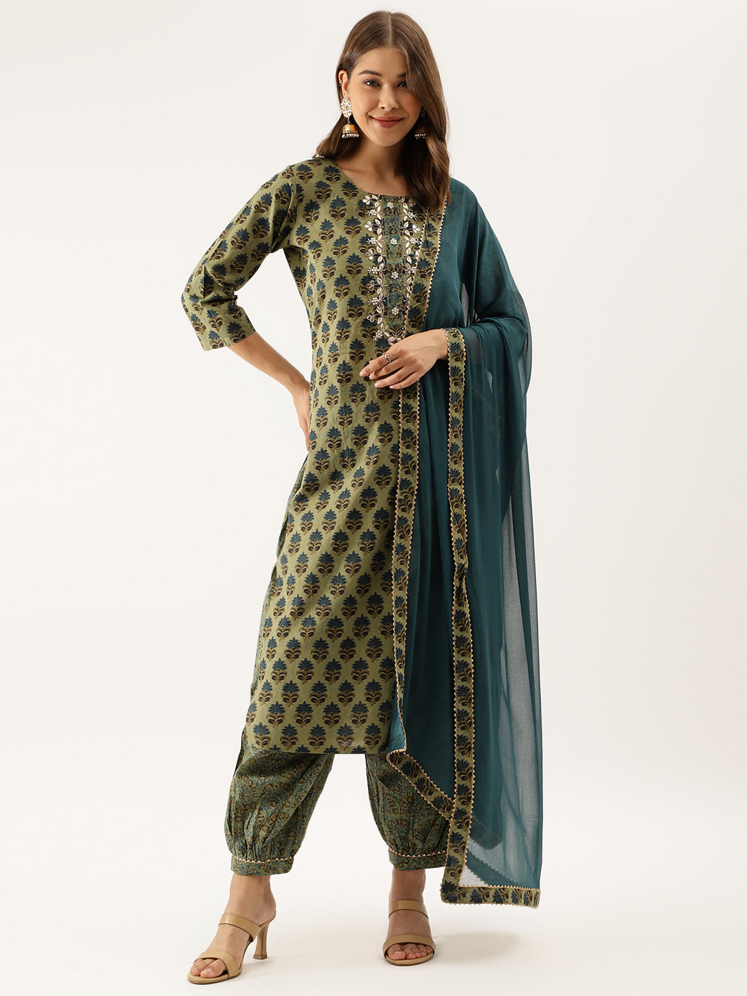 Women Green Floral Print Cotton Embroidered Kurta Set With Dupatta | LASVINI - Redefining Indian Fashion with Elegance