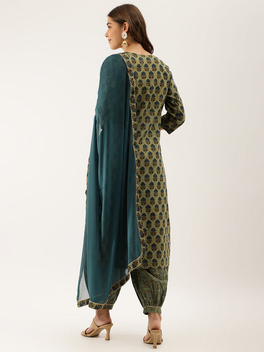 Women Green Floral Print Cotton Embroidered Kurta Set With Dupatta | LASVINI - Redefining Indian Fashion with Elegance
