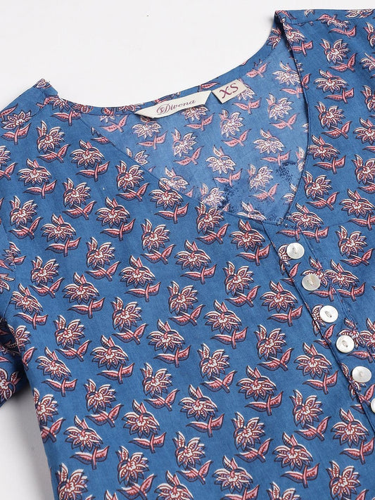 Blue Floral Printed Long Dress | LASVINI - Redefining Indian Fashion with Elegance