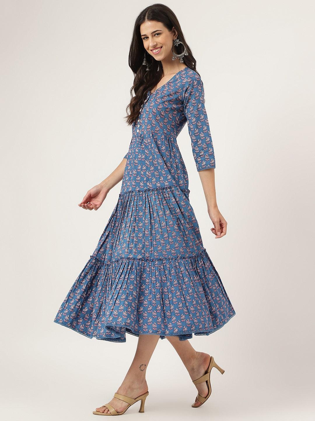 Blue Floral Printed Long Dress | LASVINI - Redefining Indian Fashion with Elegance