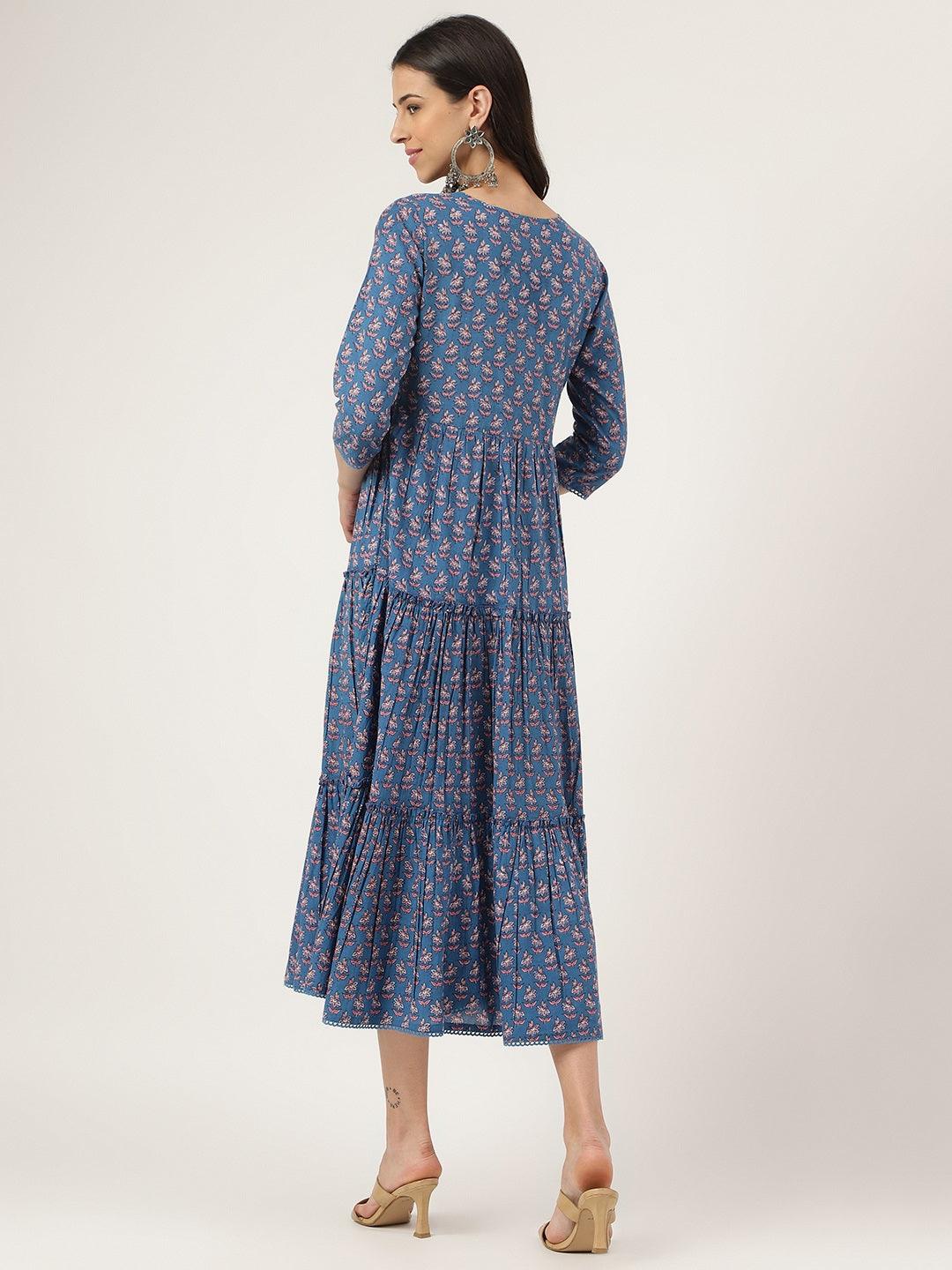 Blue Floral Printed Long Dress | LASVINI - Redefining Indian Fashion with Elegance