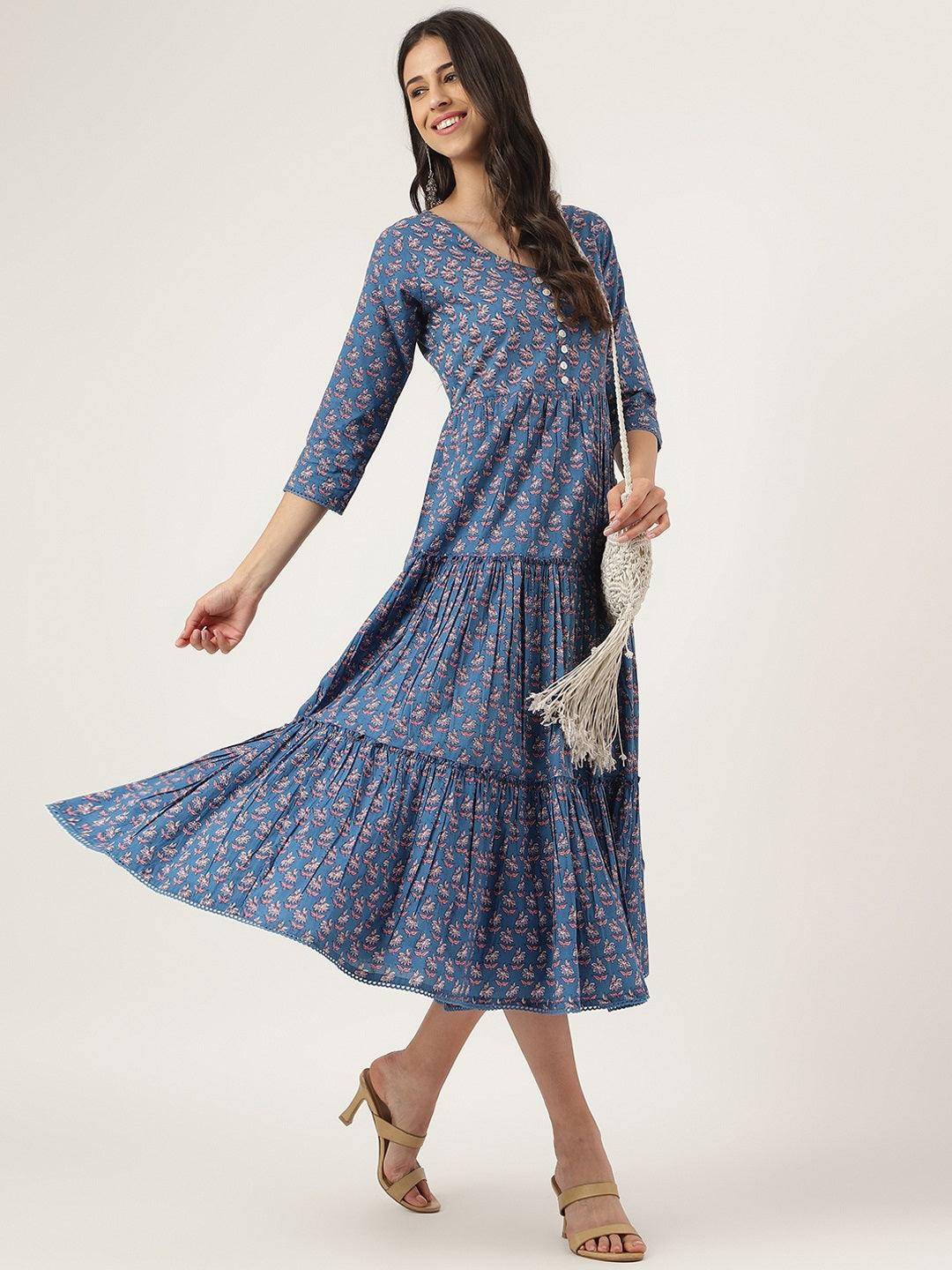 Blue Floral Printed Long Dress | LASVINI - Redefining Indian Fashion with Elegance