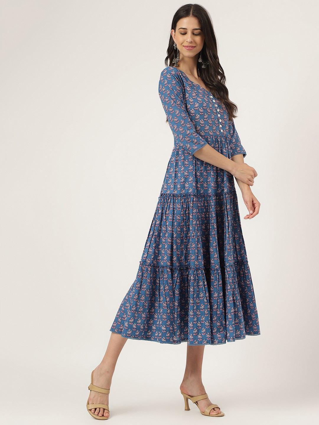Blue Floral Printed Long Dress | LASVINI - Redefining Indian Fashion with Elegance