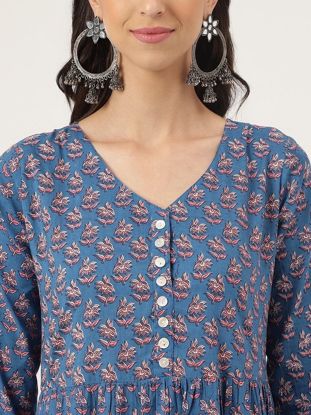 Blue Floral Printed Long Dress | LASVINI - Redefining Indian Fashion with Elegance