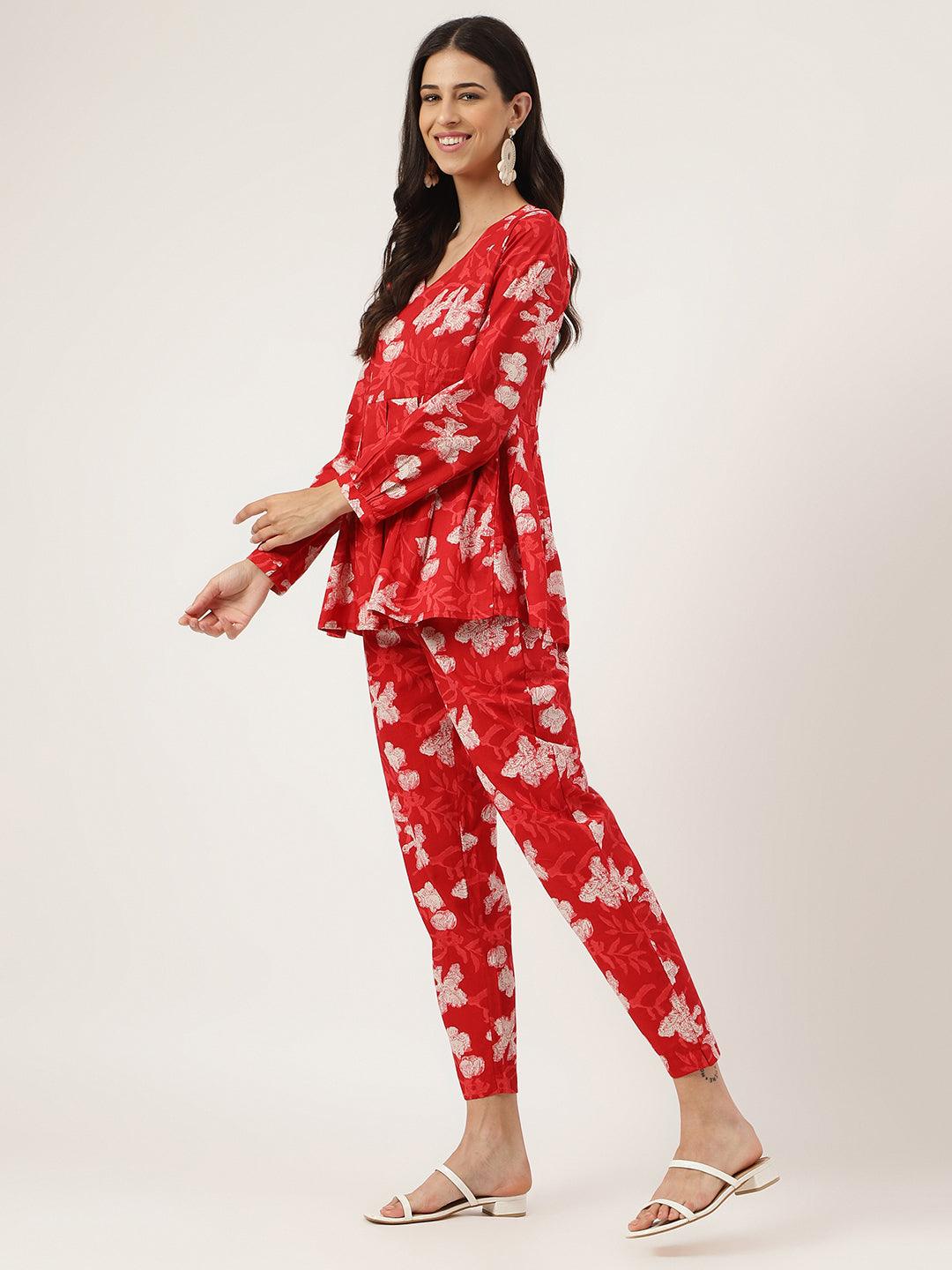 Red Cotton Peplum Top Pant Co-Ords Sets | LASVINI - Redefining Indian Fashion with Elegance