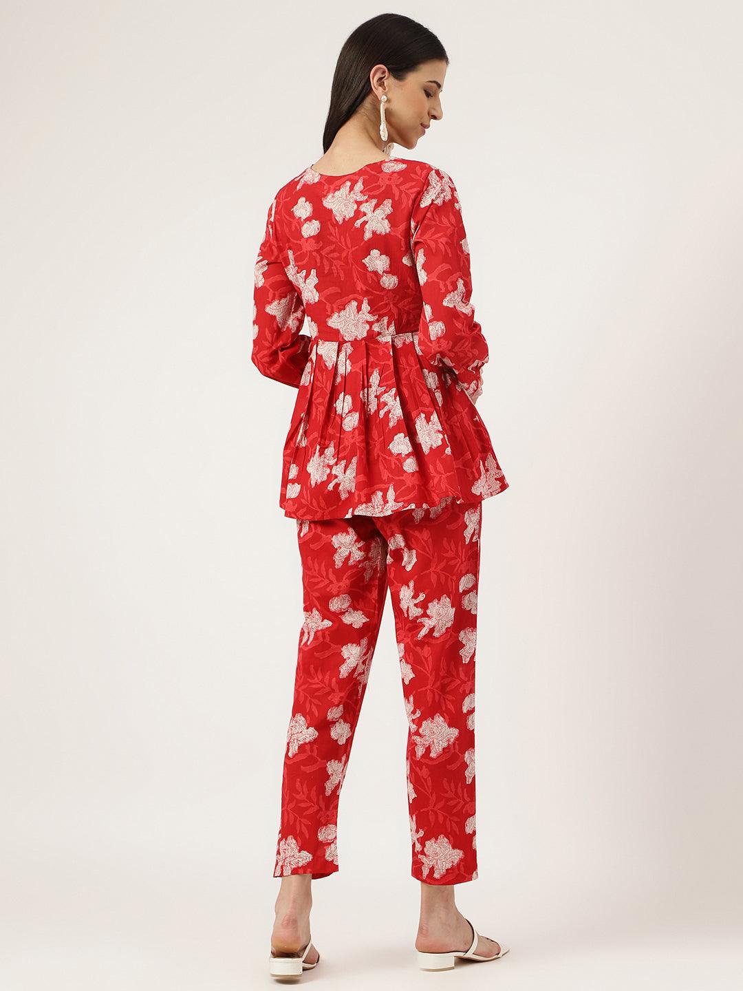 Red Cotton Peplum Top Pant Co-Ords Sets | LASVINI - Redefining Indian Fashion with Elegance