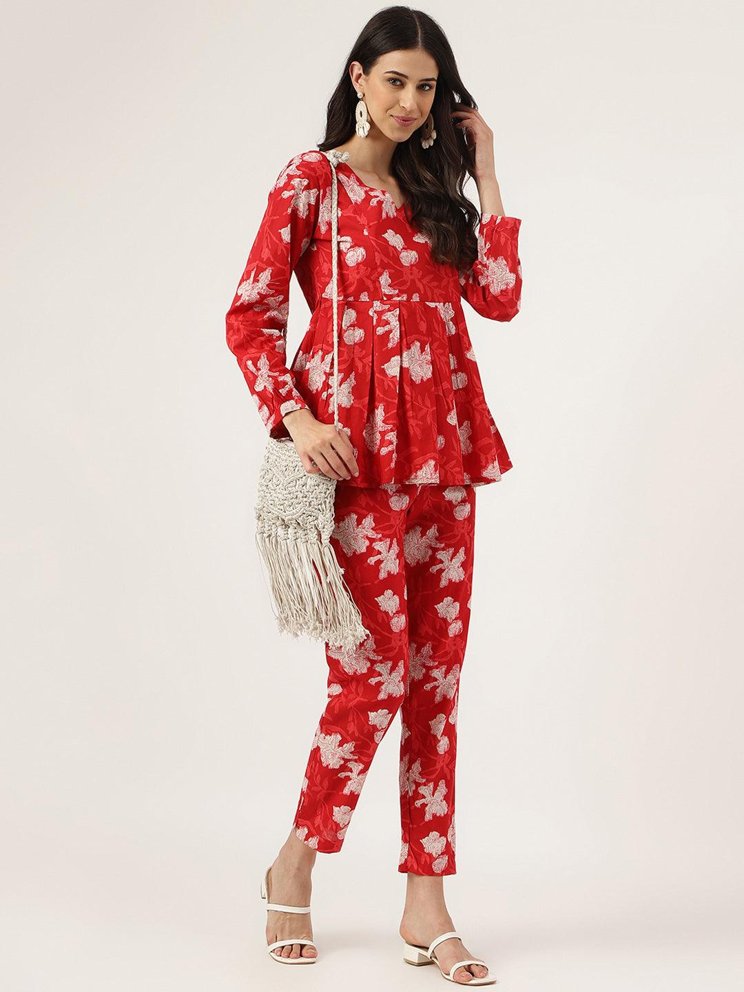 Red Cotton Peplum Top Pant Co-Ords Sets | LASVINI - Redefining Indian Fashion with Elegance