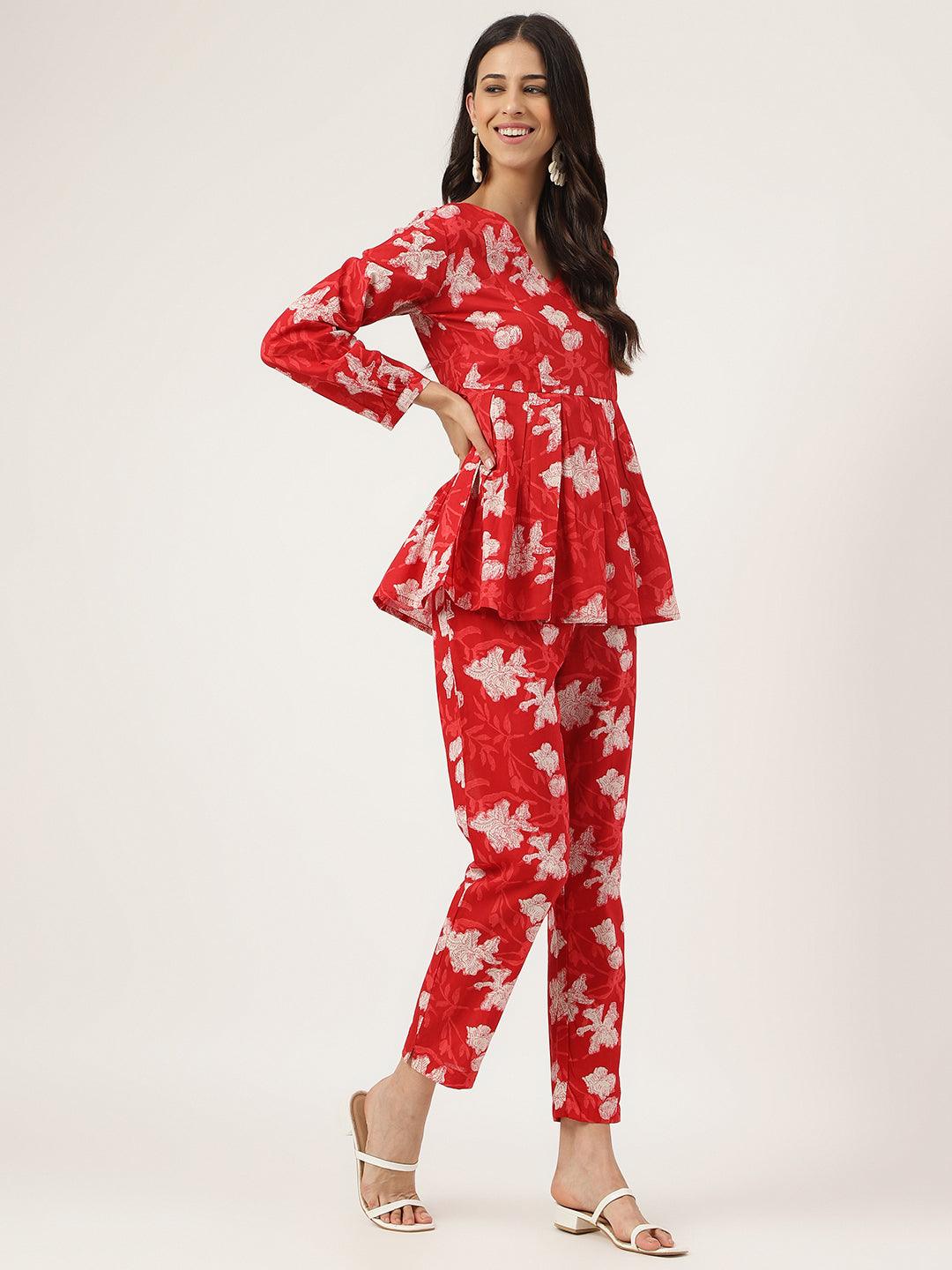 Red Cotton Peplum Top Pant Co-Ords Sets | LASVINI - Redefining Indian Fashion with Elegance