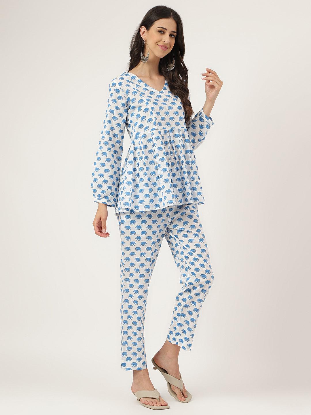 White Animal Printed Cotton Peplum Top Pant Co-Ords Sets | LASVINI - Redefining Indian Fashion with Elegance