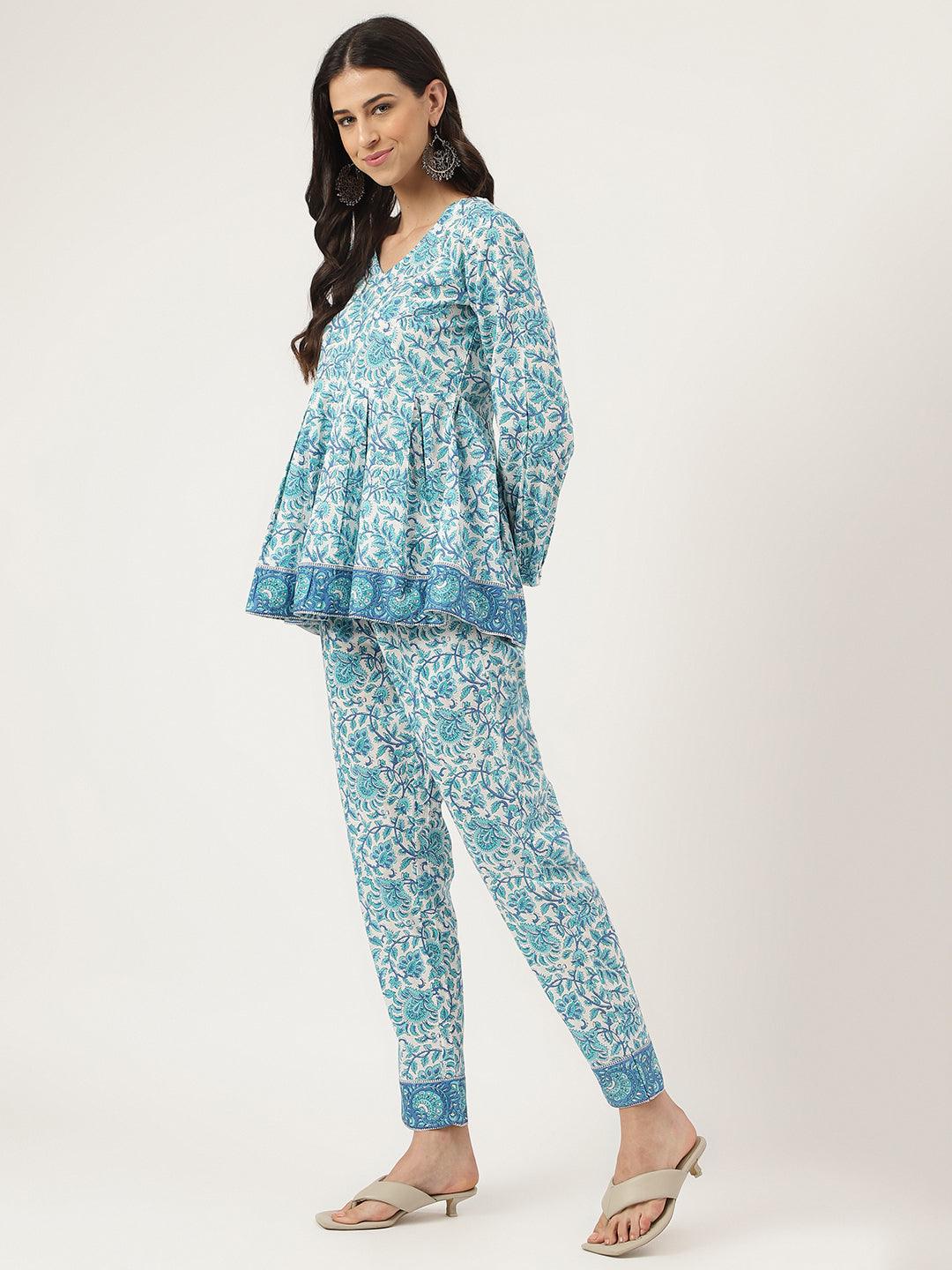 White Floral Printed Cotton Peplum Top Pant Co-Ords Sets | LASVINI - Redefining Indian Fashion with Elegance