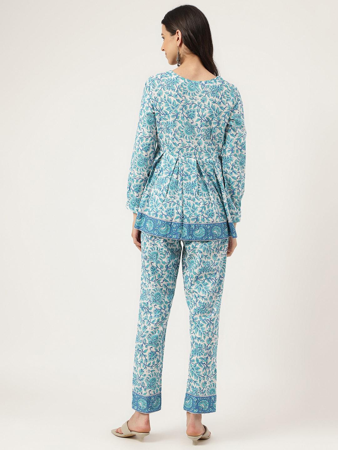 White Floral Printed Cotton Peplum Top Pant Co-Ords Sets | LASVINI - Redefining Indian Fashion with Elegance