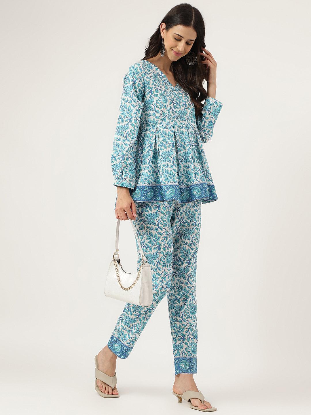 White Floral Printed Cotton Peplum Top Pant Co-Ords Sets | LASVINI - Redefining Indian Fashion with Elegance