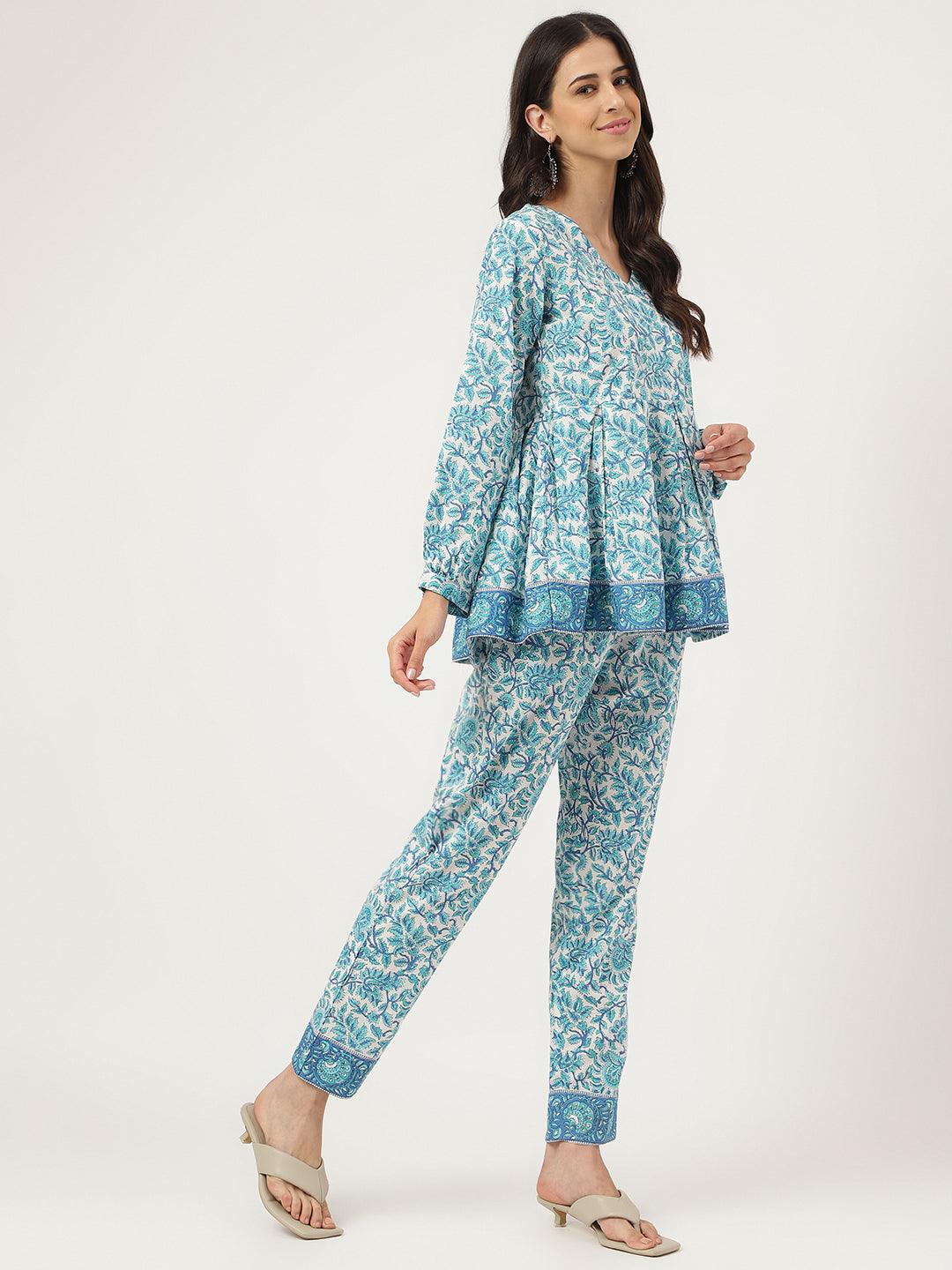 White Floral Printed Cotton Peplum Top Pant Co-Ords Sets | LASVINI - Redefining Indian Fashion with Elegance