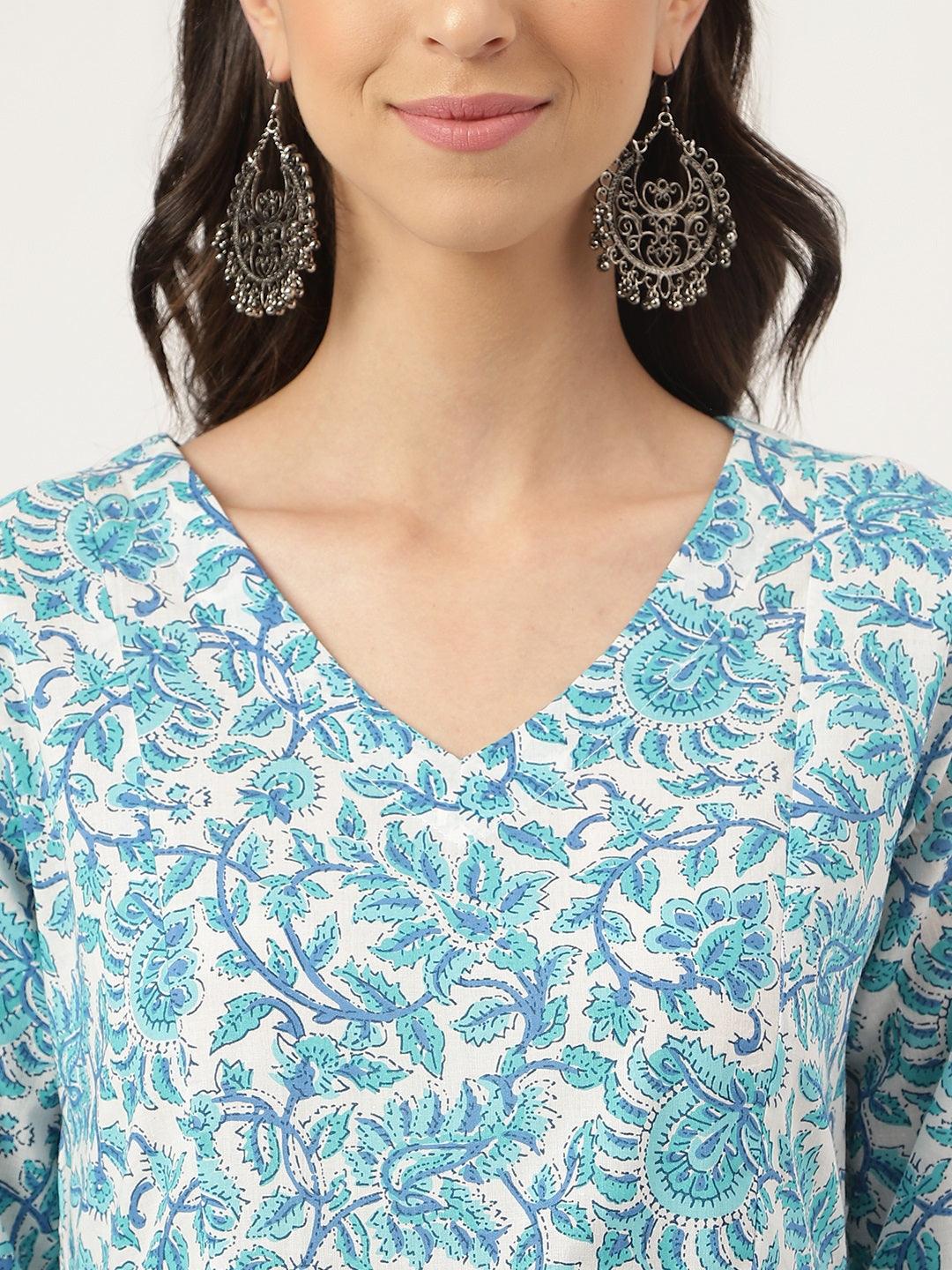 White Floral Printed Cotton Peplum Top Pant Co-Ords Sets | LASVINI - Redefining Indian Fashion with Elegance