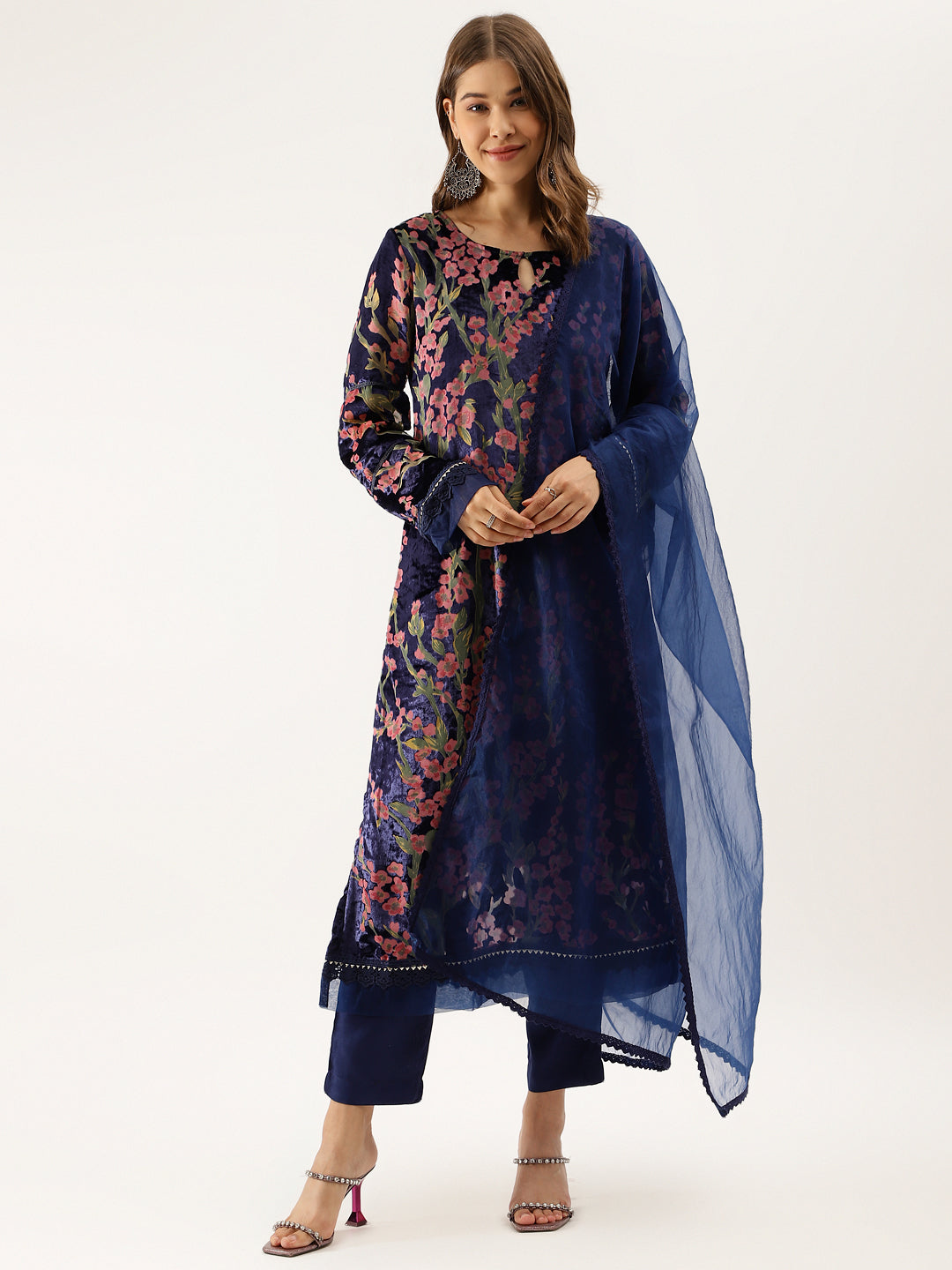 Women Blue Floral Burnout Velvet Kurta Set With Organza Dupatta | LASVINI - Redefining Indian Fashion with Elegance