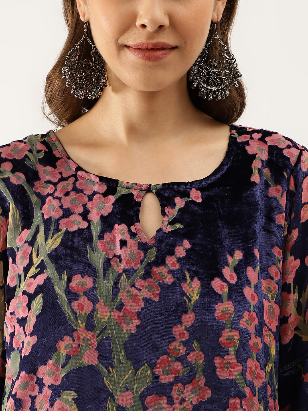 Women Blue Floral Burnout Velvet Kurta Set With Organza Dupatta | LASVINI - Redefining Indian Fashion with Elegance