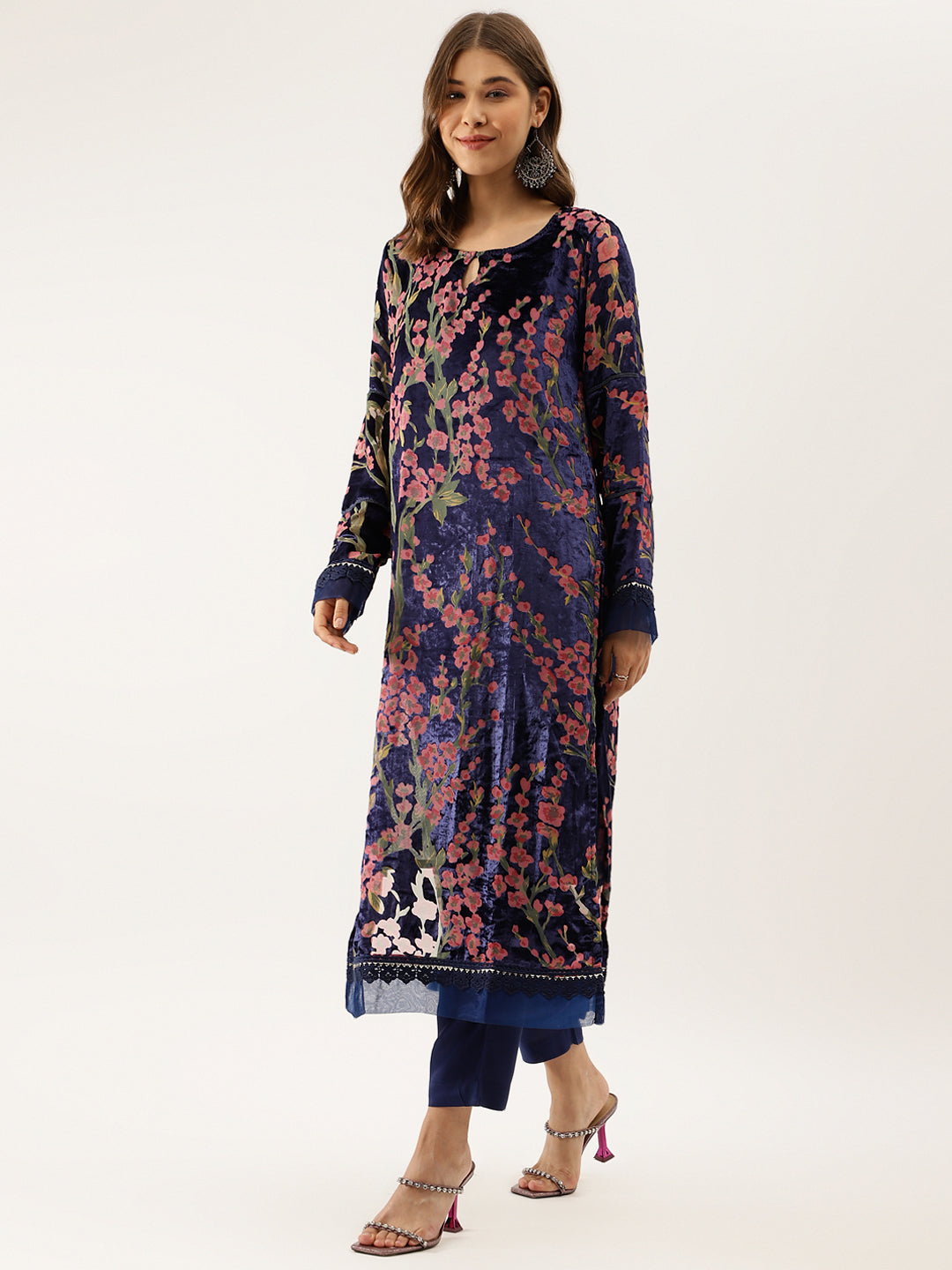 Women Blue Floral Burnout Velvet Kurta Set With Organza Dupatta | LASVINI - Redefining Indian Fashion with Elegance