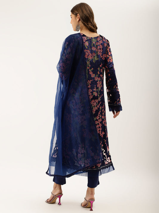 Women Blue Floral Burnout Velvet Kurta Set With Organza Dupatta | LASVINI - Redefining Indian Fashion with Elegance