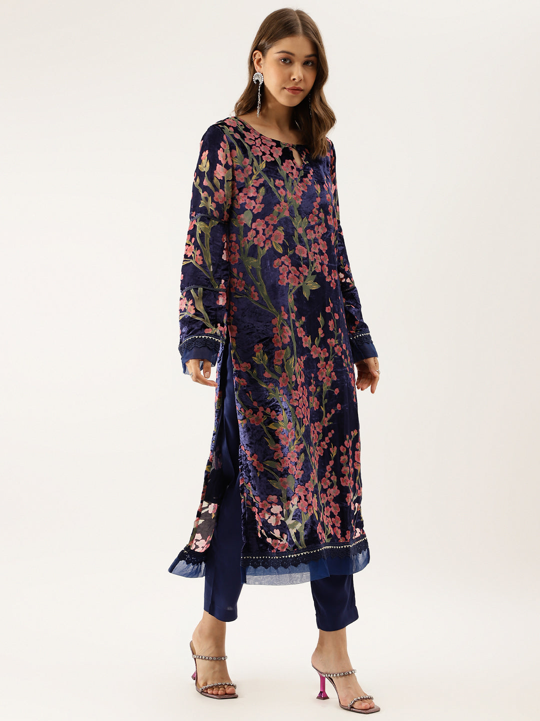 Women Blue Floral Burnout Velvet Kurta Set With Organza Dupatta | LASVINI - Redefining Indian Fashion with Elegance