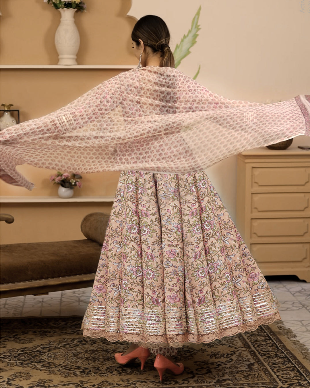 Hand Block Floral Printed Beige Anarkali Cotton Kurta With Trousers & Dupatta | LASVINI - Redefining Indian Fashion with Elegance