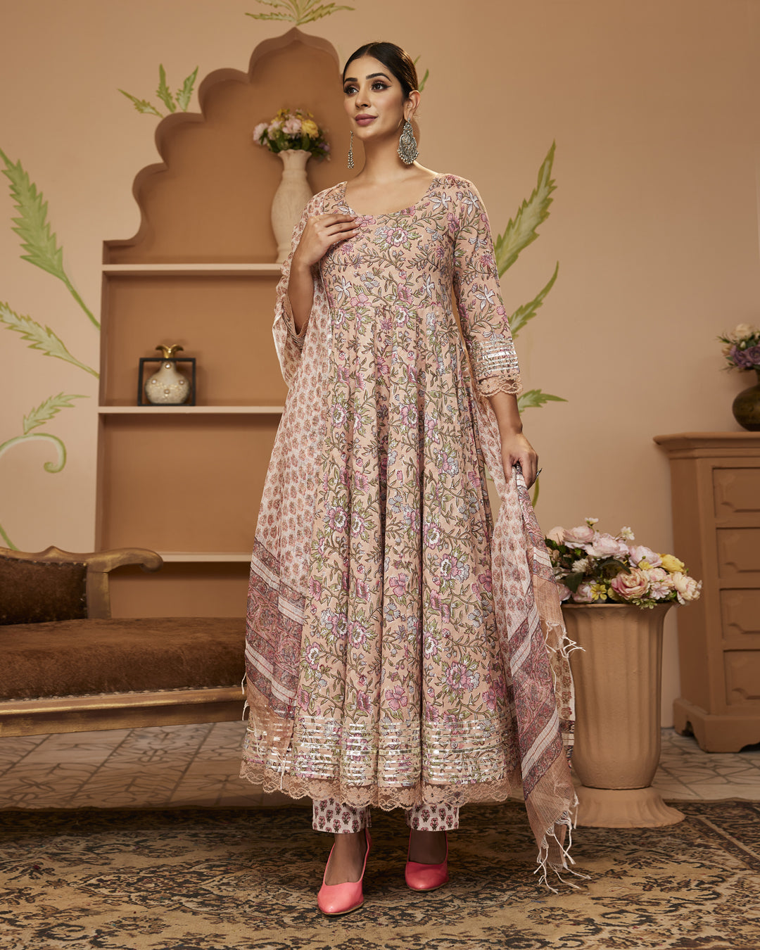 Hand Block Floral Printed Beige Anarkali Cotton Kurta With Trousers & Dupatta | LASVINI - Redefining Indian Fashion with Elegance