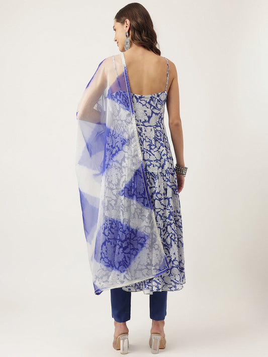 Blue Muslin Floral Printed Kurta, Trouser With Dupatta Set | LASVINI - Redefining Indian Fashion with Elegance