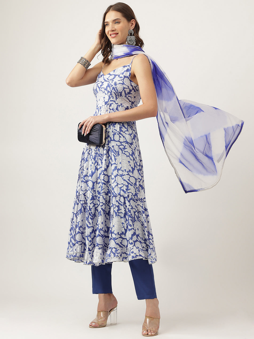 Blue Muslin Floral Printed Kurta, Trouser With Dupatta Set | LASVINI - Redefining Indian Fashion with Elegance