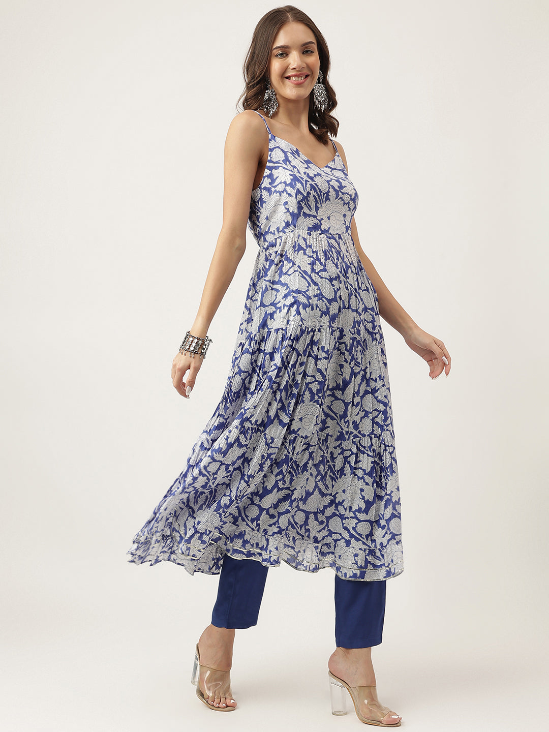 Blue Muslin Floral Printed Kurta, Trouser With Dupatta Set | LASVINI - Redefining Indian Fashion with Elegance