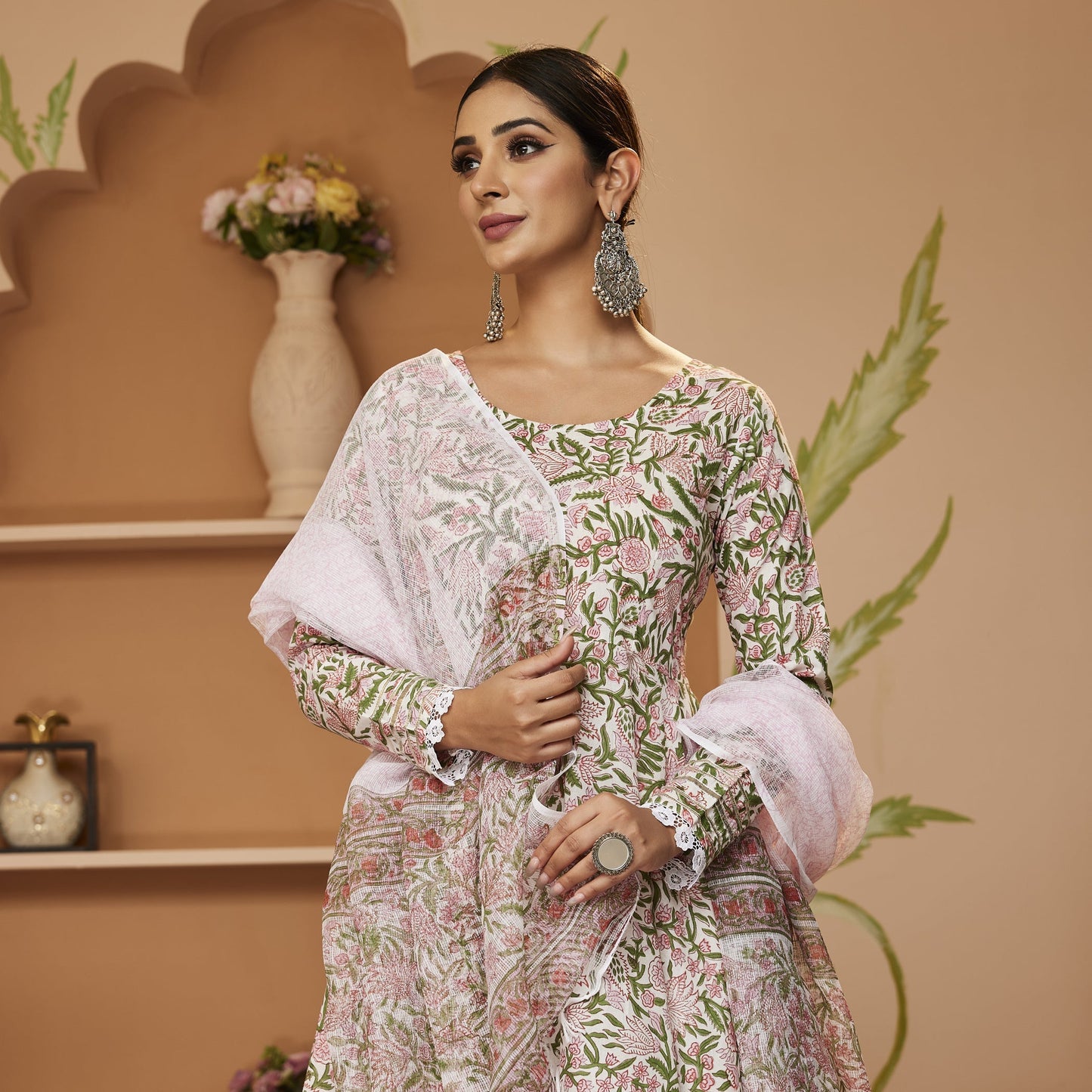 Hand Block Printed Green Anarkali Cotton Kurta With Trousers & Dupatta | LASVINI - Redefining Indian Fashion with Elegance