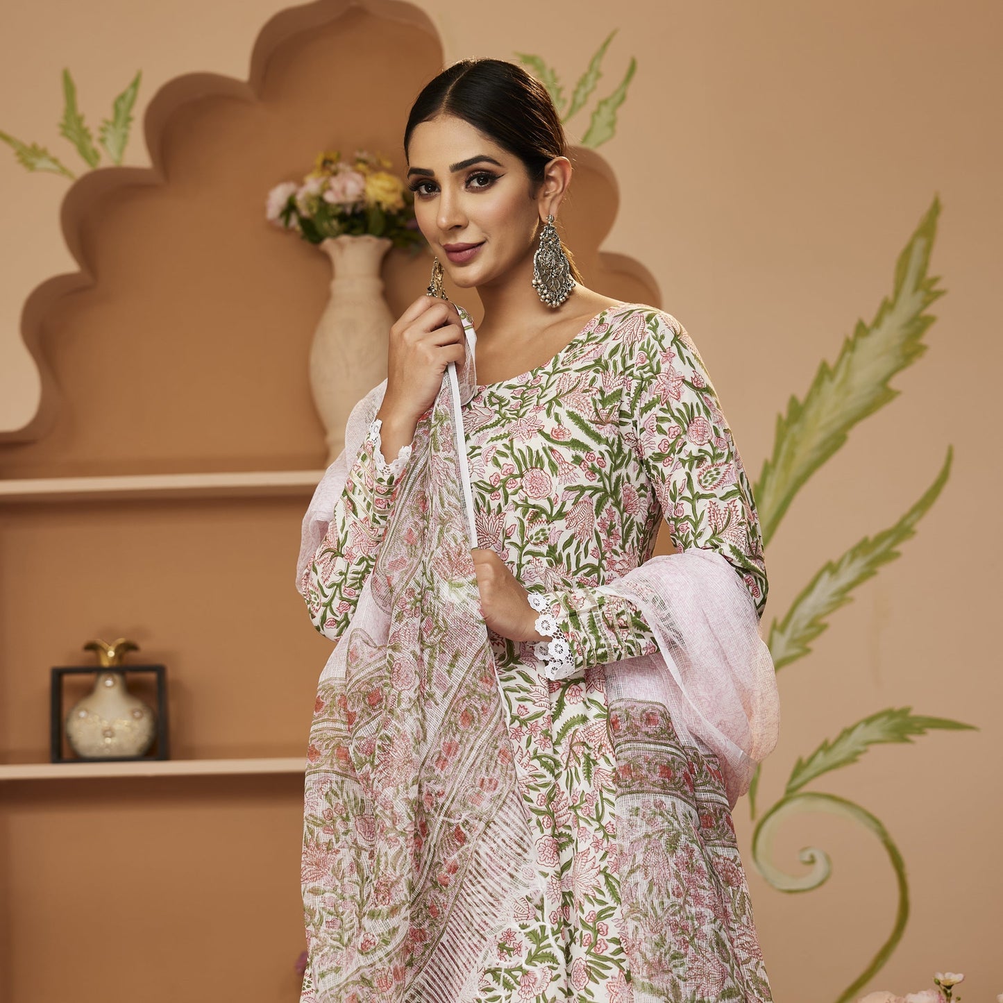 Hand Block Printed Green Anarkali Cotton Kurta With Trousers & Dupatta | LASVINI - Redefining Indian Fashion with Elegance