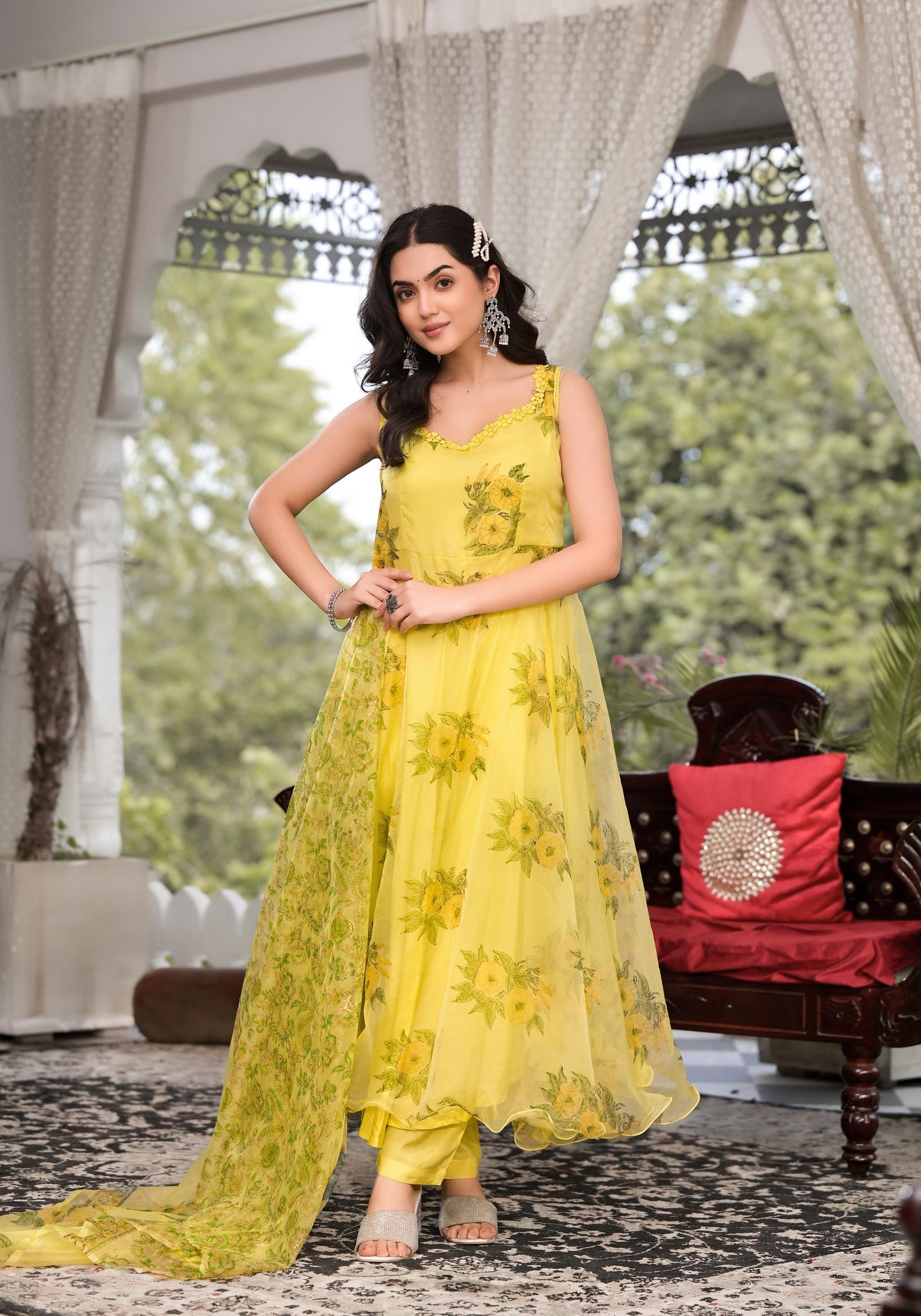 Light Yellow Hand Painted Floral Organza Anarkali Kurta Pant Set With Dupatta | LASVINI - Redefining Indian Fashion with Elegance