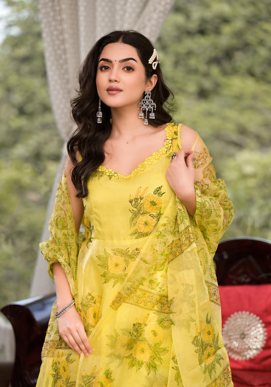 Light Yellow Hand Painted Floral Organza Anarkali Kurta Pant Set With Dupatta | LASVINI - Redefining Indian Fashion with Elegance
