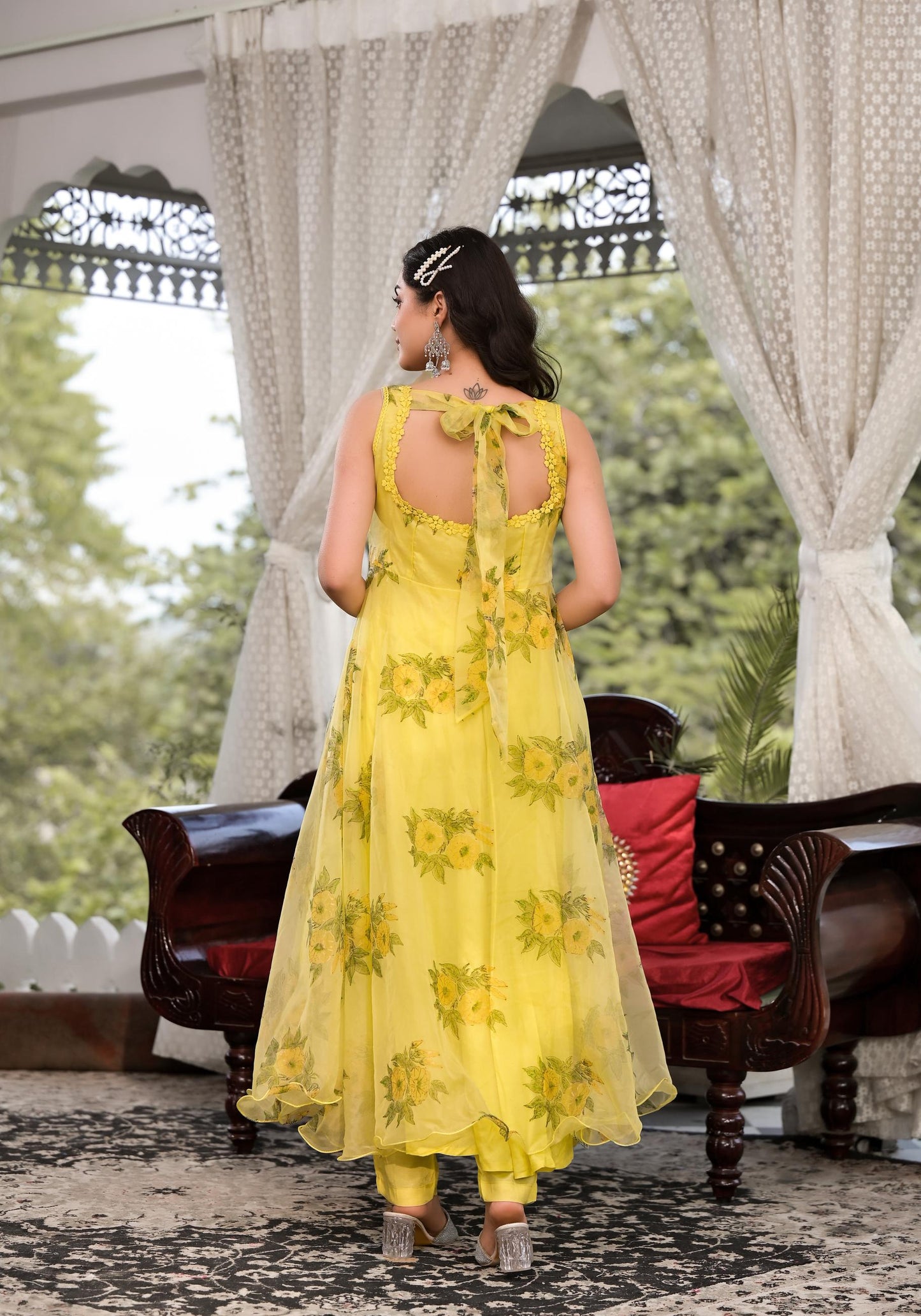 Light Yellow Hand Painted Floral Organza Anarkali Kurta Pant Set With Dupatta | LASVINI - Redefining Indian Fashion with Elegance