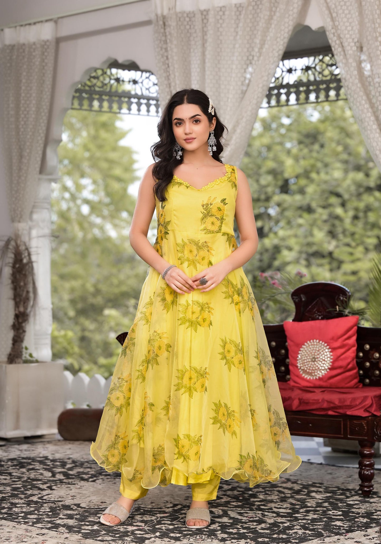 Light Yellow Hand Painted Floral Organza Anarkali Kurta Pant Set With Dupatta | LASVINI - Redefining Indian Fashion with Elegance