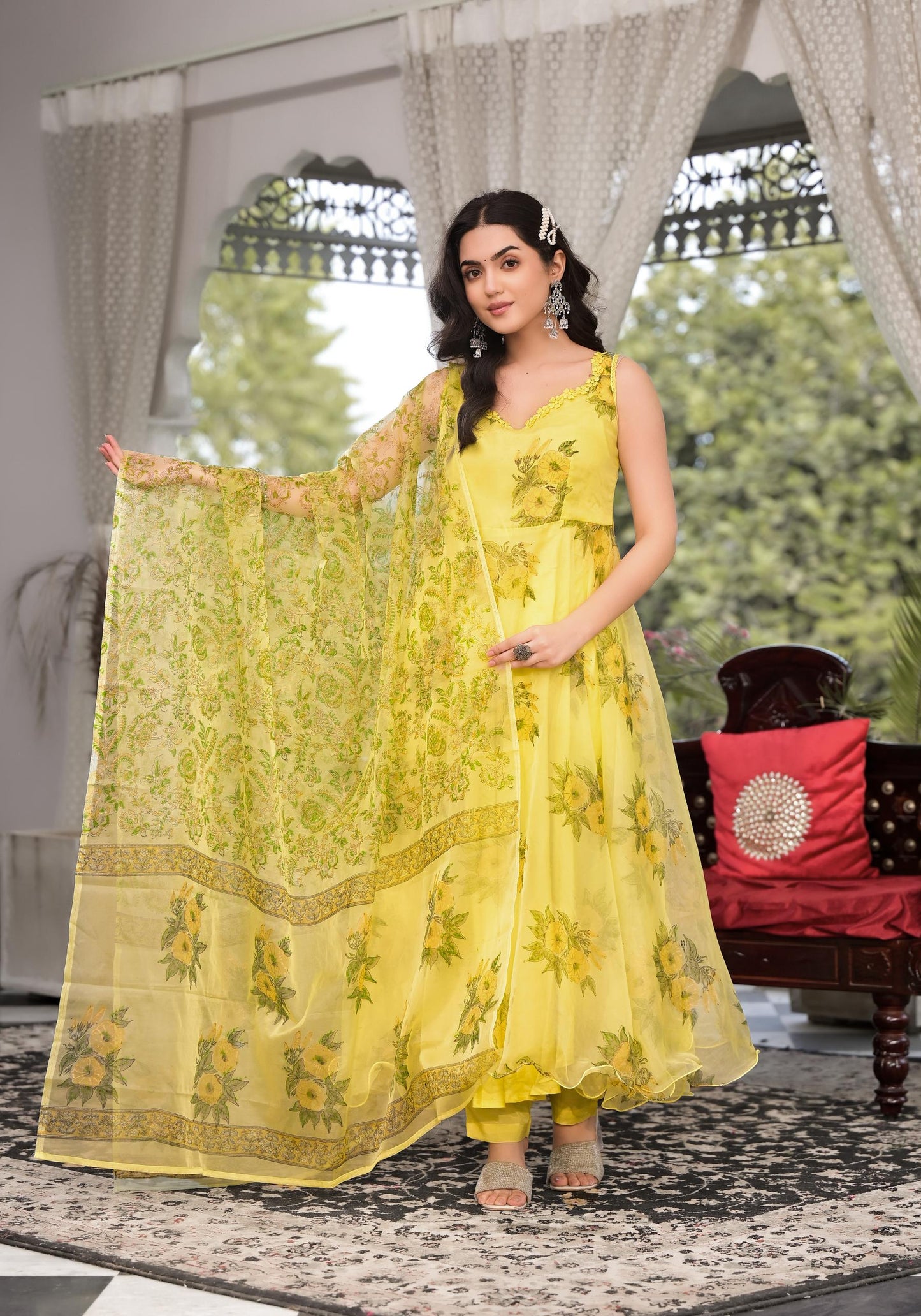 Light Yellow Hand Painted Floral Organza Anarkali Kurta Pant Set With Dupatta | LASVINI - Redefining Indian Fashion with Elegance