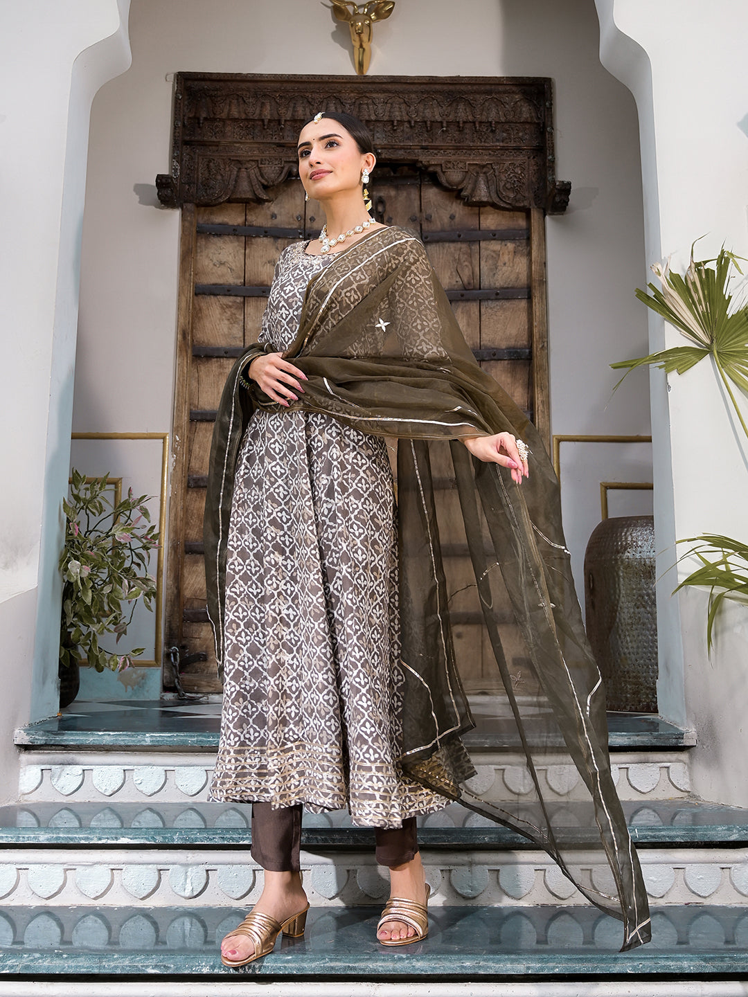 Brown Asymmetric Print Muslin Anarkali Kurta Pant With Dupatta Set | LASVINI - Redefining Indian Fashion with Elegance
