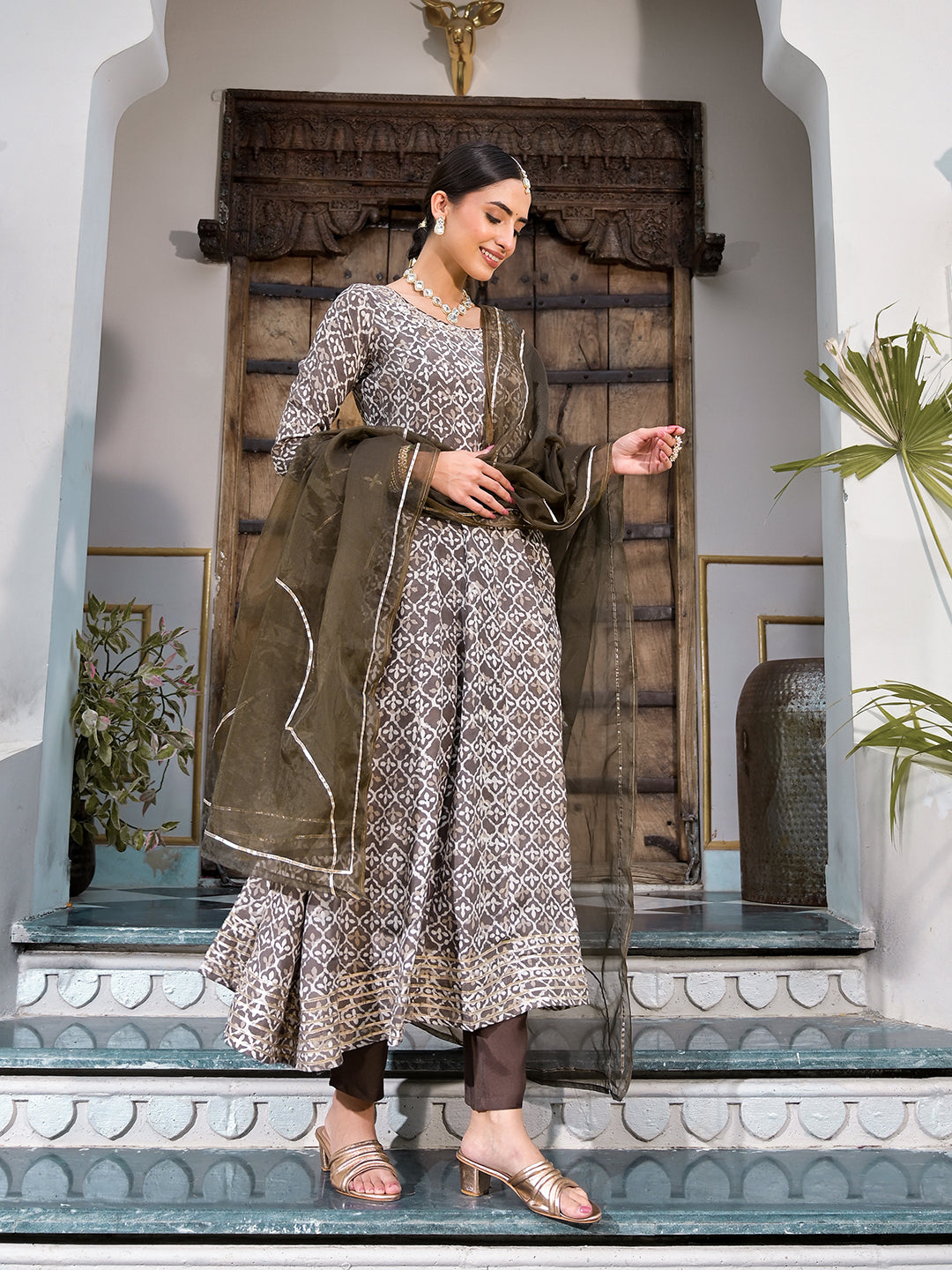 Brown Asymmetric Print Muslin Anarkali Kurta Pant With Dupatta Set | LASVINI - Redefining Indian Fashion with Elegance