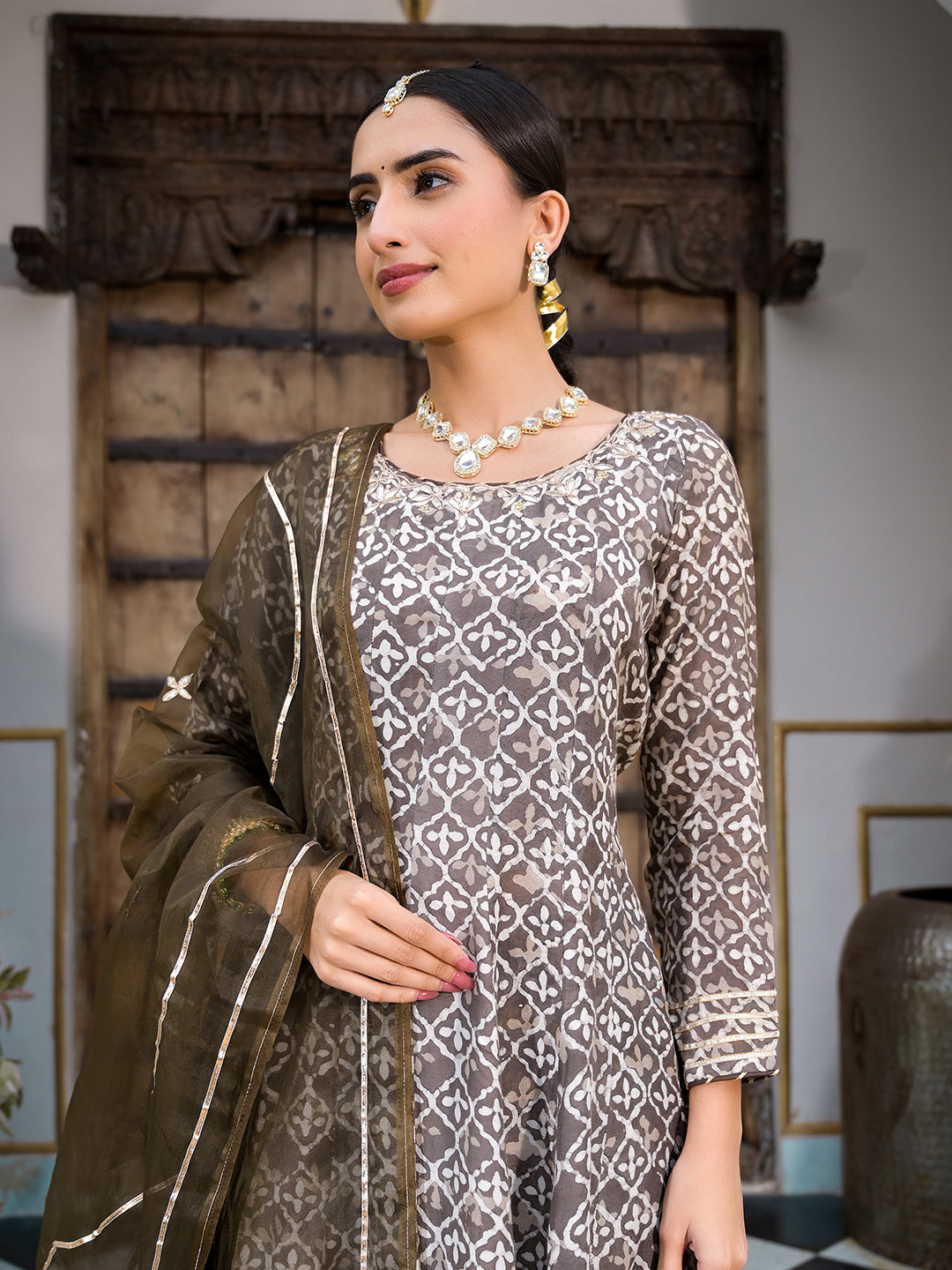 Brown Asymmetric Print Muslin Anarkali Kurta Pant With Dupatta Set | LASVINI - Redefining Indian Fashion with Elegance