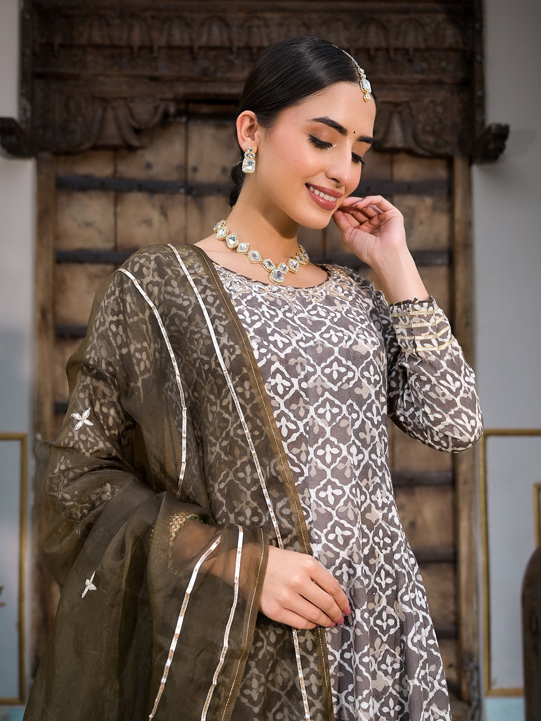 Brown Asymmetric Print Muslin Anarkali Kurta Pant With Dupatta Set | LASVINI - Redefining Indian Fashion with Elegance