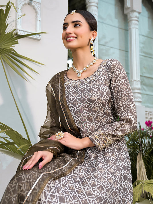 Brown Asymmetric Print Muslin Anarkali Kurta Pant With Dupatta Set | LASVINI - Redefining Indian Fashion with Elegance