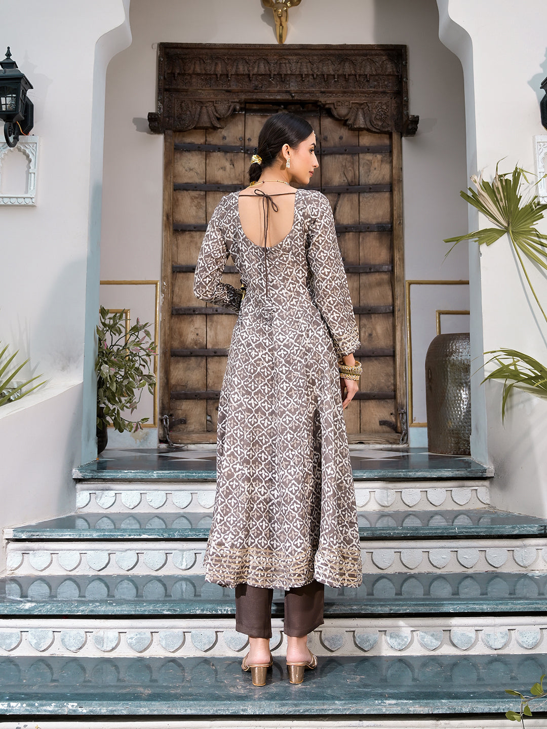 Brown Asymmetric Print Muslin Anarkali Kurta Pant With Dupatta Set | LASVINI - Redefining Indian Fashion with Elegance