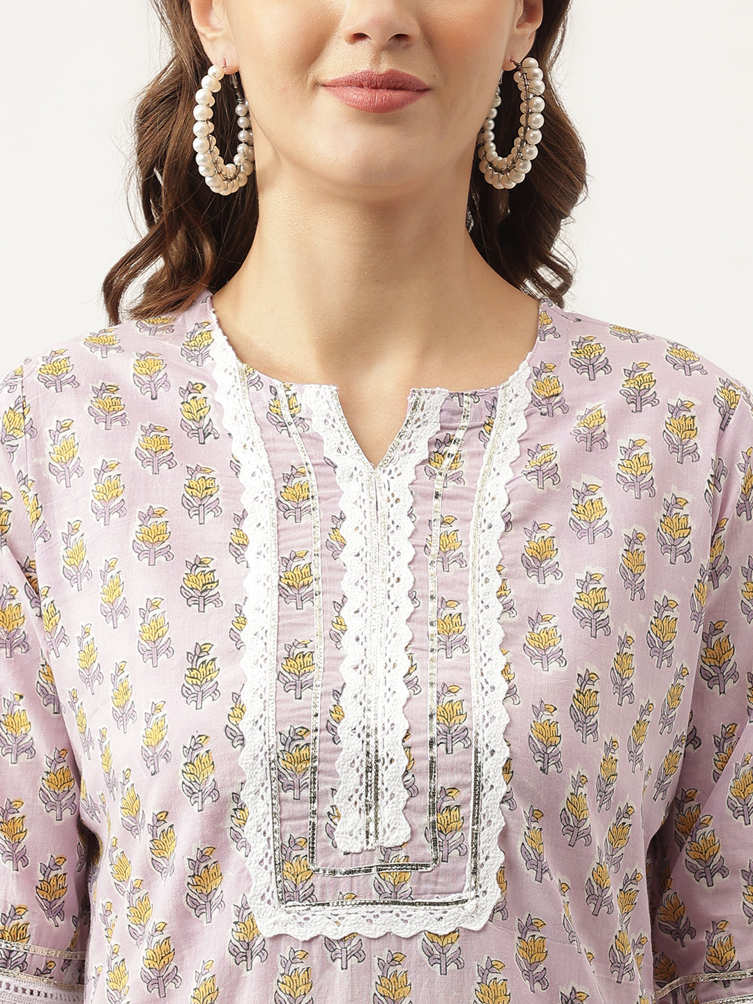 Lavender Printed Cotton Kurta, Trouser With Dupatta Set | LASVINI - Redefining Indian Fashion with Elegance