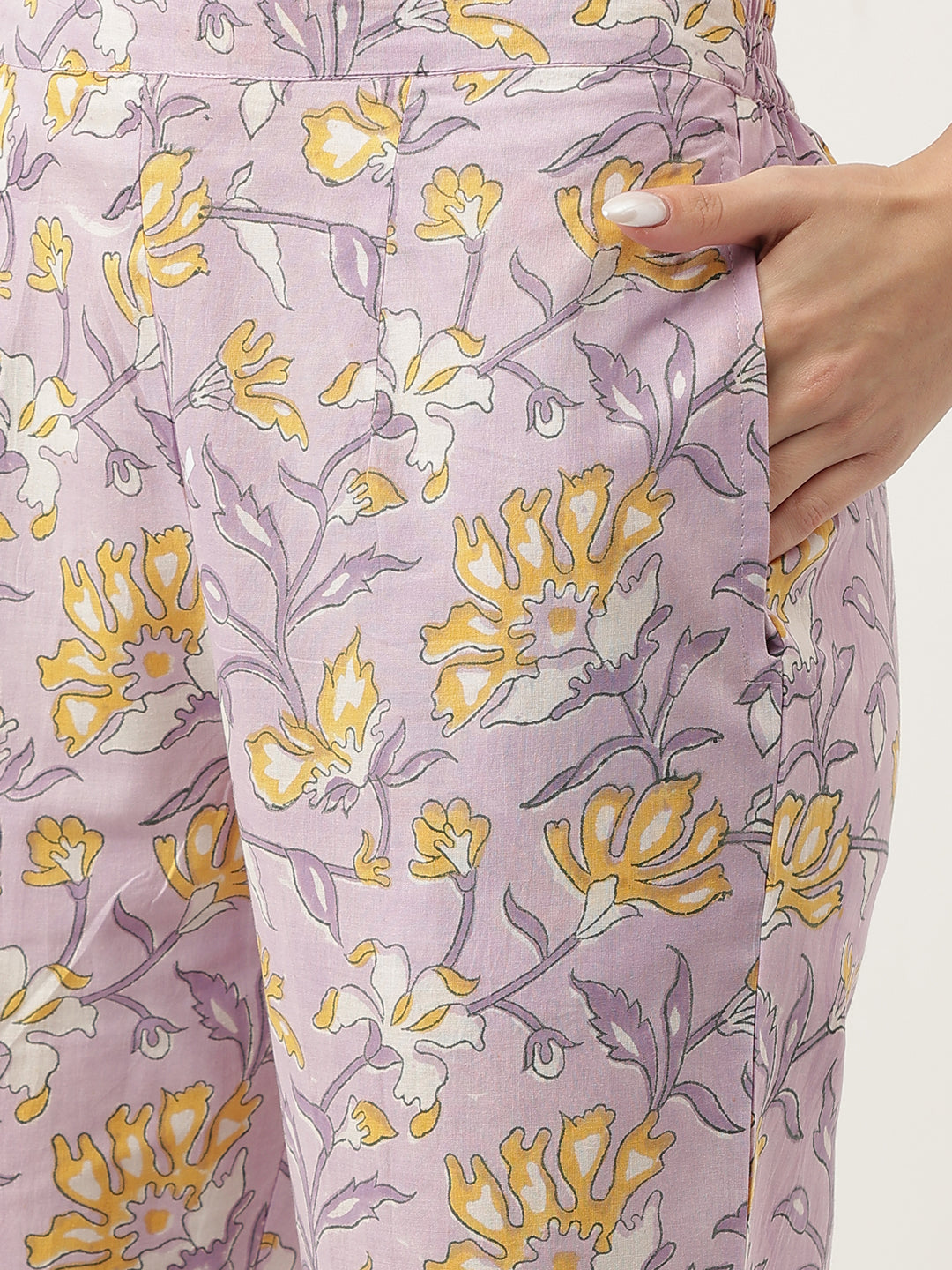 Lavender Printed Cotton Kurta, Trouser With Dupatta Set | LASVINI - Redefining Indian Fashion with Elegance