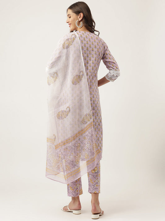 Lavender Printed Cotton Kurta, Trouser With Dupatta Set | LASVINI - Redefining Indian Fashion with Elegance