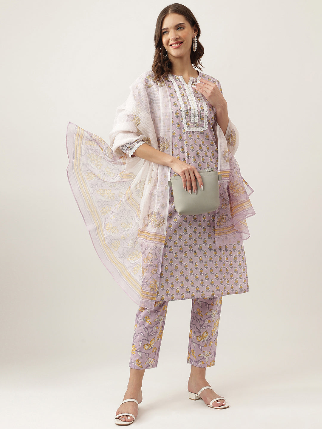 Lavender Printed Cotton Kurta, Trouser With Dupatta Set | LASVINI - Redefining Indian Fashion with Elegance